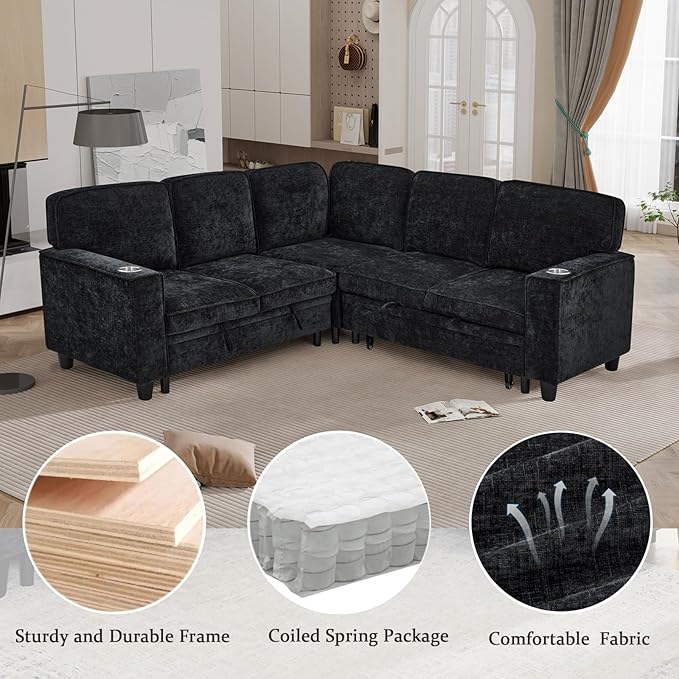 L-Shaped Sectional Couch with Storage and Pull Out Bed, Convertible Sofa Bed