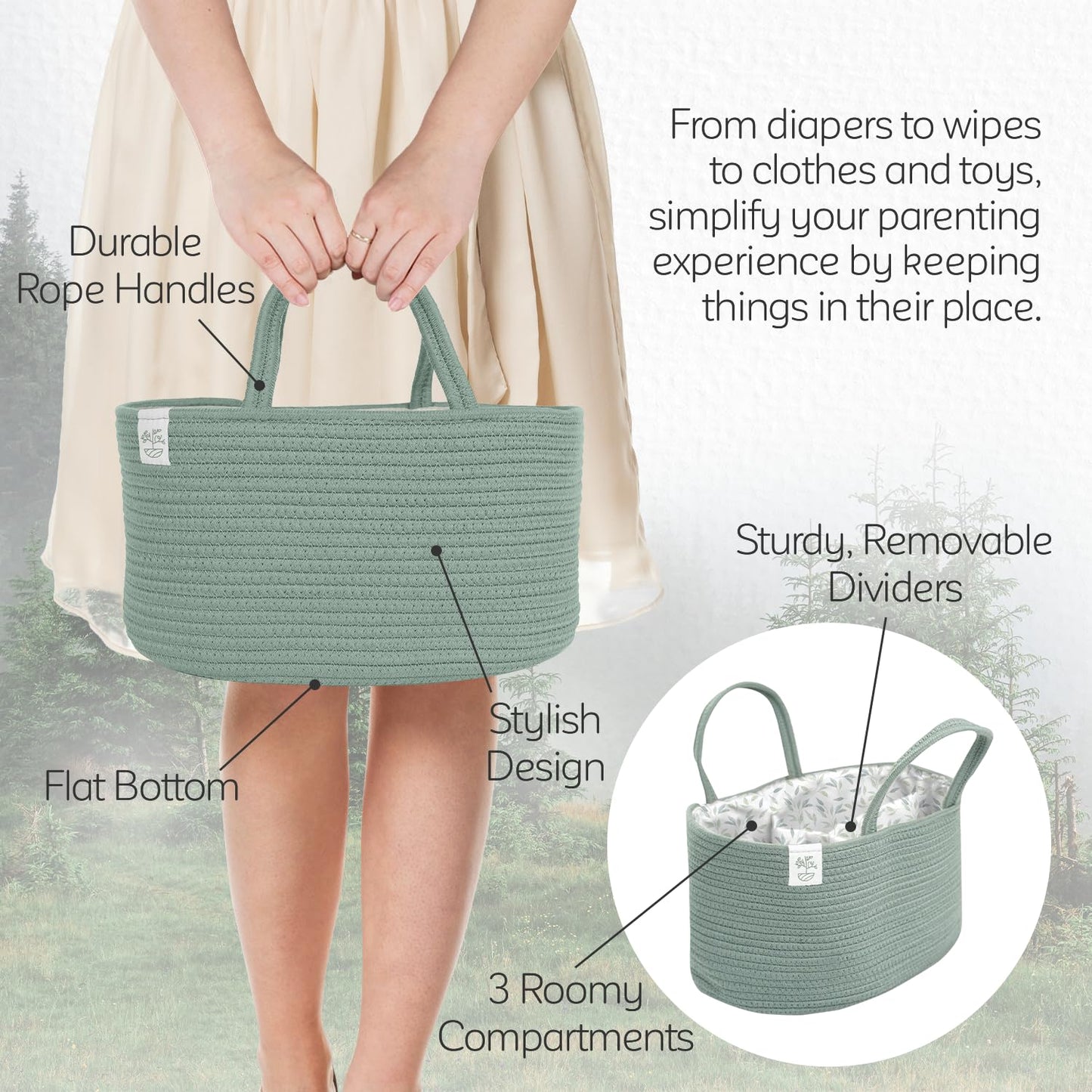 KiddyCare Diaper Caddy Organizer for Baby Nursery Basket with Handle Lid Nursing Caddy with Changing Table Organizer Cart Newborn Caddy Basil Large