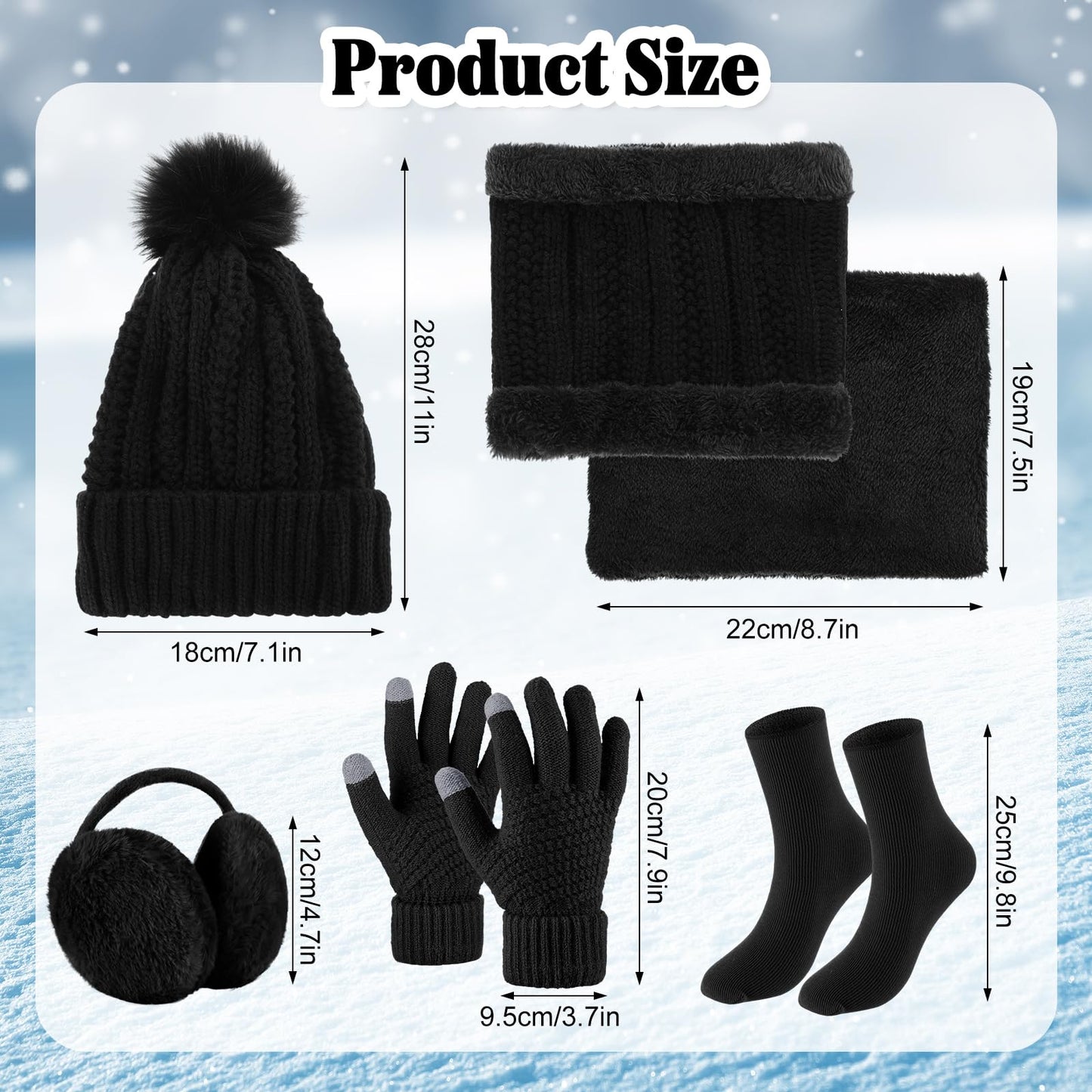 SATINIOR 5 Pcs Winter Satin Lined Hat Scarf Gloves Set Knit Pompom Beanie Warm Touchscreen Glove Earmuff Ear Warmer for Women(Black,Stylish Style)