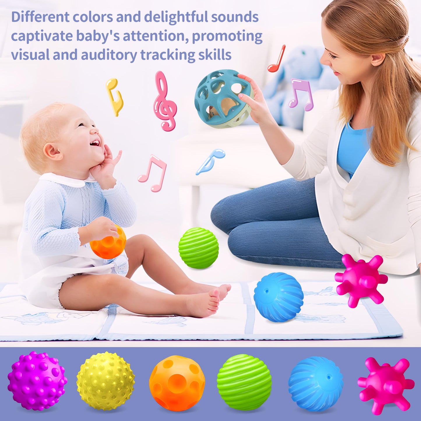 ROHSCE Sensory Toys for Babies, Montessori Textured Baby Balls and Wheat Straw Rattle, Baby Toys for 6-12 Months, Ideal Newborn Gifts for Boys and Girls, Toddler Toys for 1-3