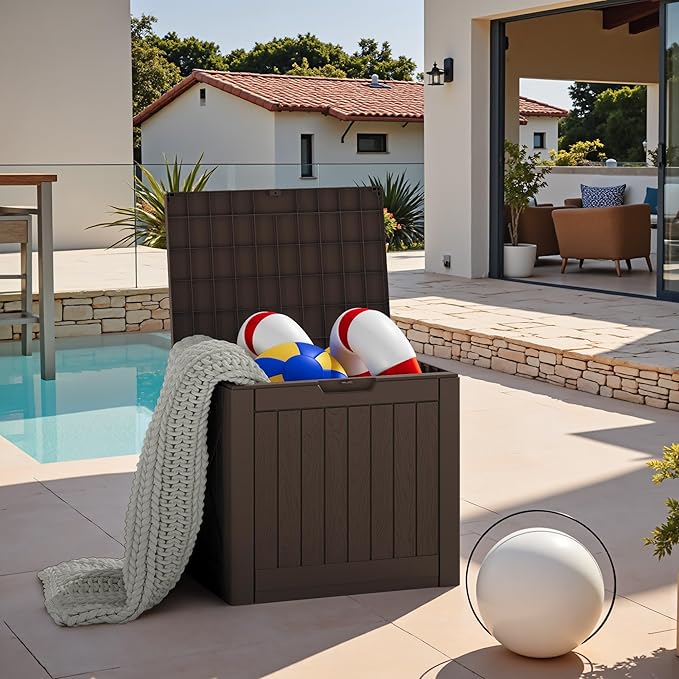 JUMMICO 42 Gallon Deck Box Waterproof, Resin Outdoor Storage Box with Side Handles, Outdoor Storage Benches Lockable for Patio Cushions and Garden Tools (Brown)