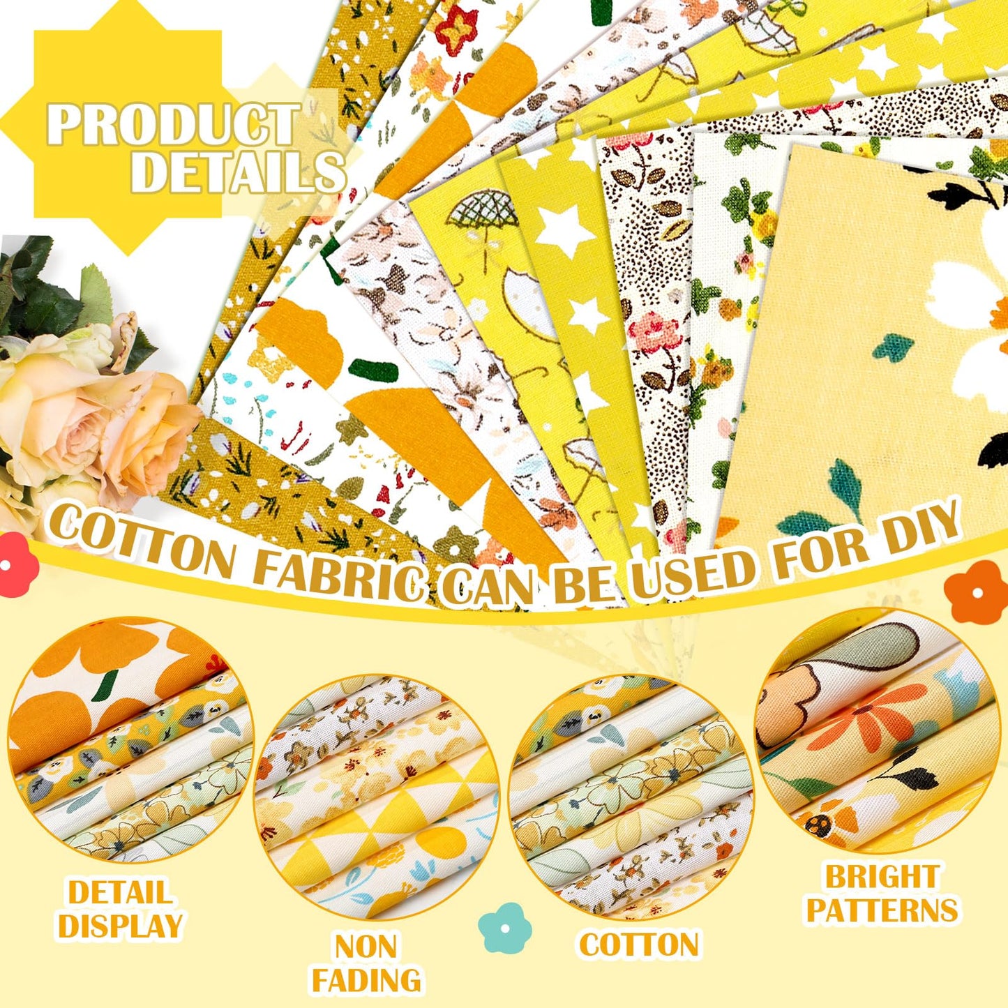 Kinlop 600 Pcs 4 x 4 Inch Cotton Fabric Square Christmas Precut Quilting Patchwork Fabric Bundles Printed Floral Holiday Sewing Materials for DIY Craft Gifts Quilting Projects(Yellow)