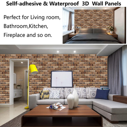 Veczom 3D Brick Wall Panels Peel and Stick,10 Pack Self-Adhesive PVC Wall Tiles, Waterproof Textured Decor for Living Room, Kitchen, Bedroom, Office Accent (4Lines Seamless Brown Stone)