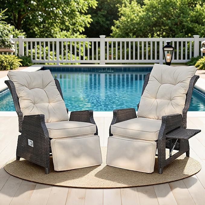 Outdoor Indoor Wicker Recliner with Adjustable Back and Footrest, Patio Reclining Chair with Flip-up Table, Outdoor Rattan Lounge Chair, Beige 2PCS