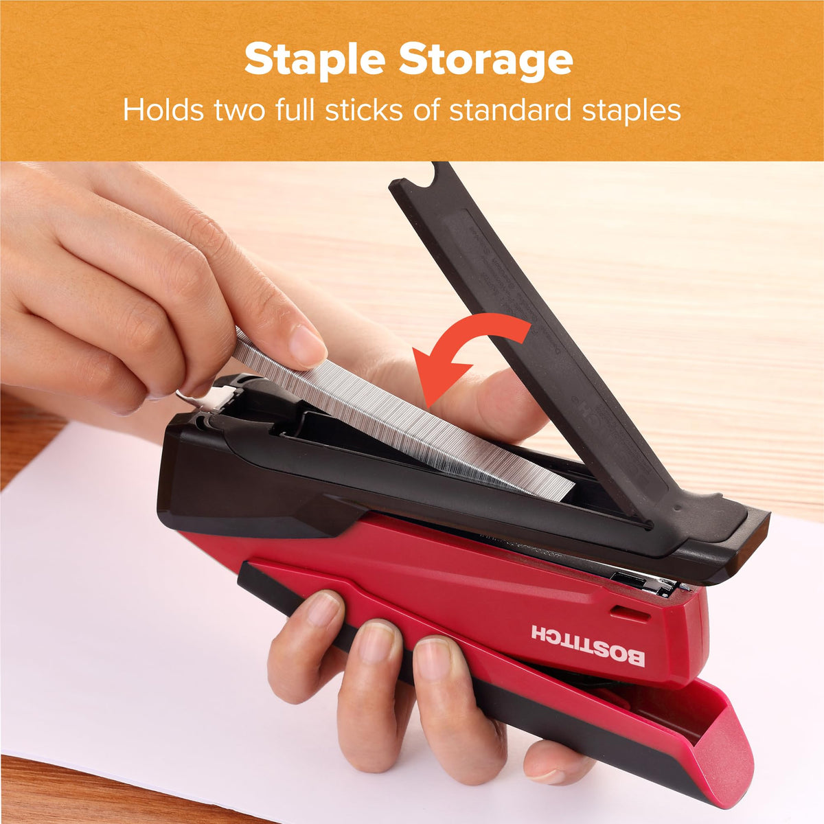 Bostitch Office Executive 3 in 1 Stapler, Includes 210 Staples and Integrated Staple Remover, One Finger Stapling, No Effort, 20 Sheet Capacity, Spring Powered Stapler, Red