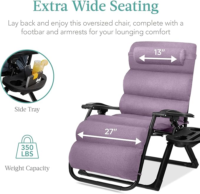 Best Choice Products Oversized Zero Gravity Chair, Folding Outdoor Patio Recliner, XL Anti Gravity Lounger w/Removable Cushion, Cup Holder, Side Tray, 350lb Capacity - Lavender
