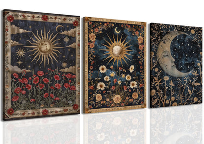 Dark Sun and Moon Celestial Wall Art Spiritual Gothic Tarot Wall Decor Painting Witchy Astrology Mystical Poster Canvas Prints Artwork for Bedroom Living Room 12x16 inch Framed