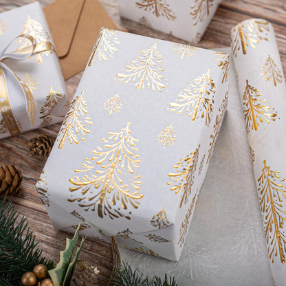 Flyhill Kraft Christmas Wrapping Paper,White Gold 3D Embossed Foil Christmas Tree with Woodlands Wrap Paper for Holiday, Party,Celebration, New Year (17 Inch X 32.8 Feet)