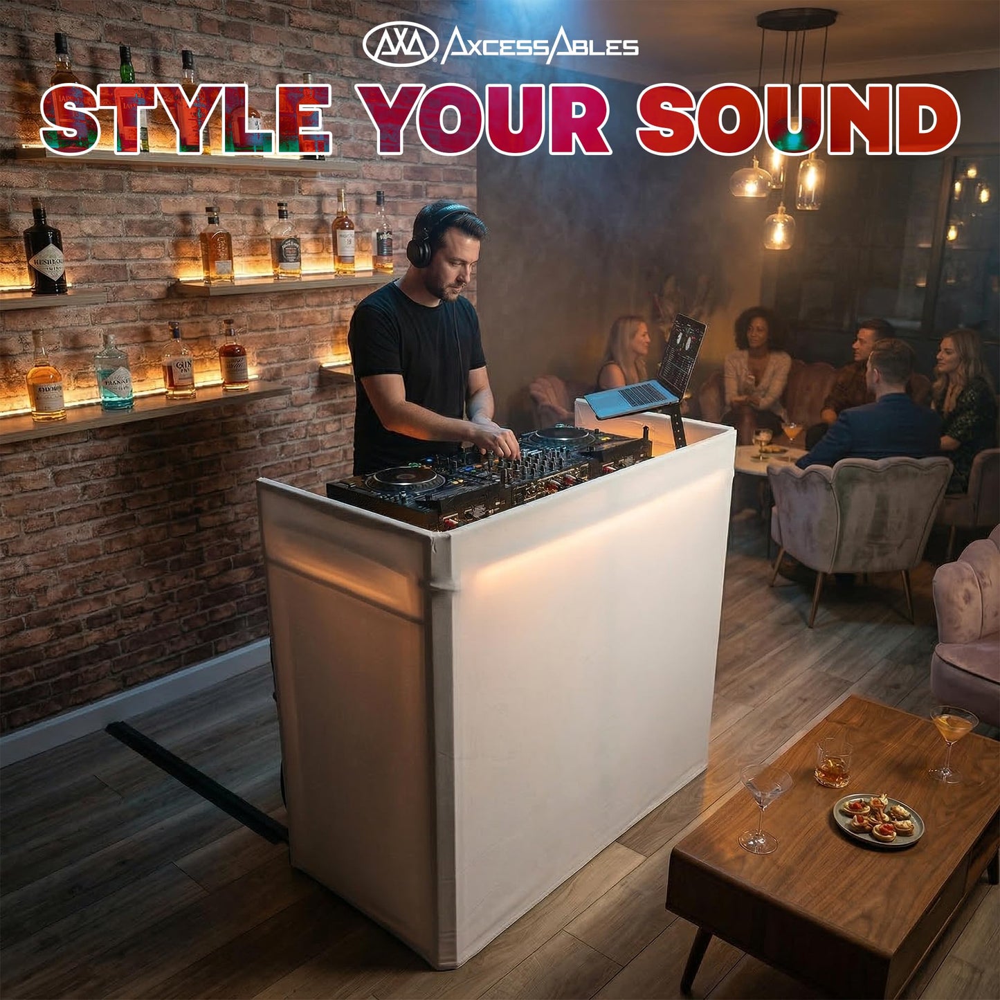 AxcessAbles Portable White DJ Facade Booth with Carry Case – 40" x 20" Tabletop, Steel Frame, and White Scrim | White DJ Table | Event Booth (ES-01X)