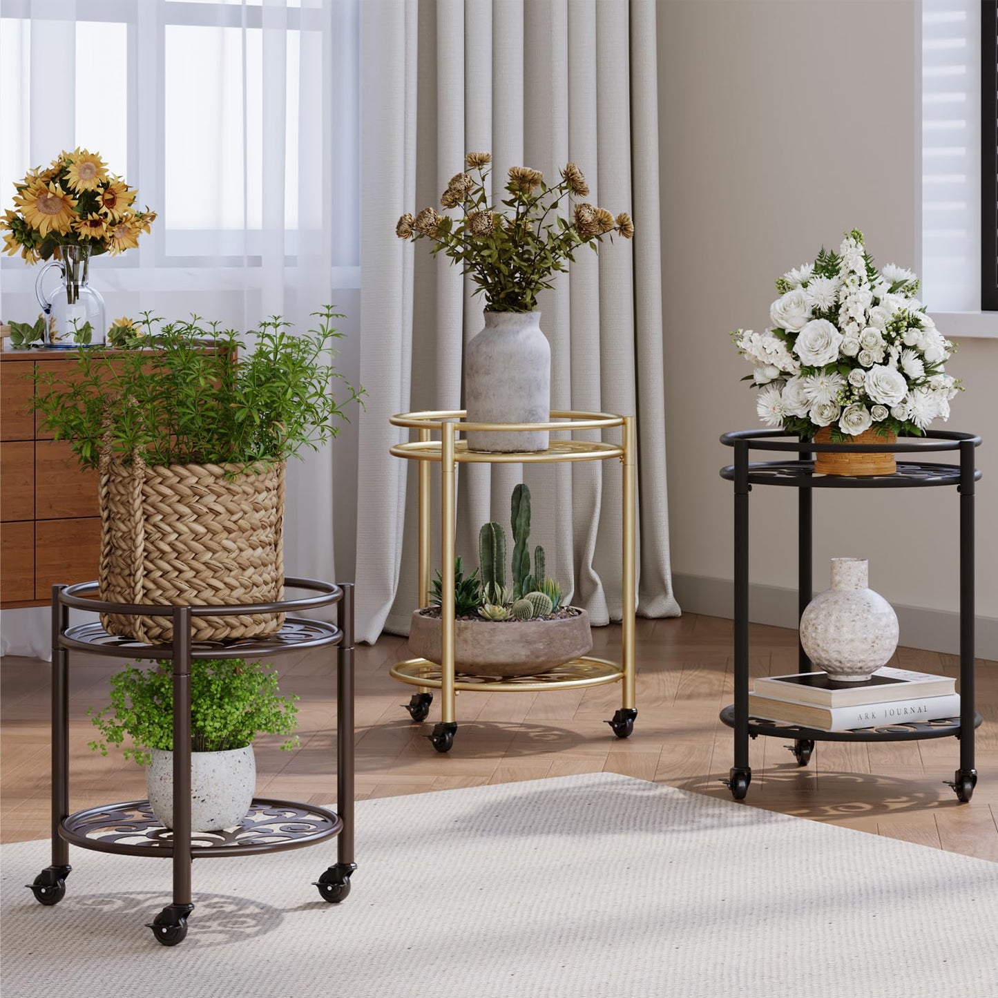 Rioneta Rolling Plant Stand with Wheels – 2 Tier Heavy Duty Flower Pot Holder for Indoor & Outdoor, Easy Move Cart for Balcony, Patio, Garden, 165 lbs Capacity 2 Pack Coffee