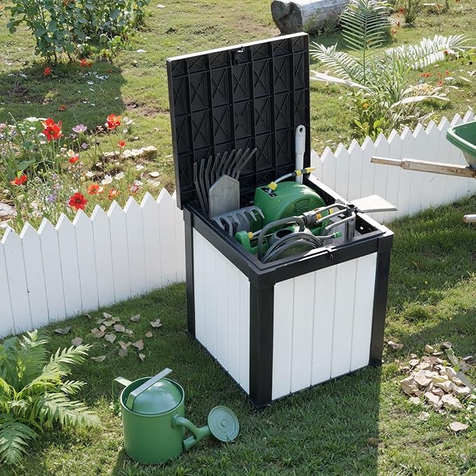 DRATO 51 Gallon Deck Boxes Resin Outdoor Storage Box UV Resistant Outside Deck Box with Lockable Lid for Patio Furniture（Black and White，51 Gallon）