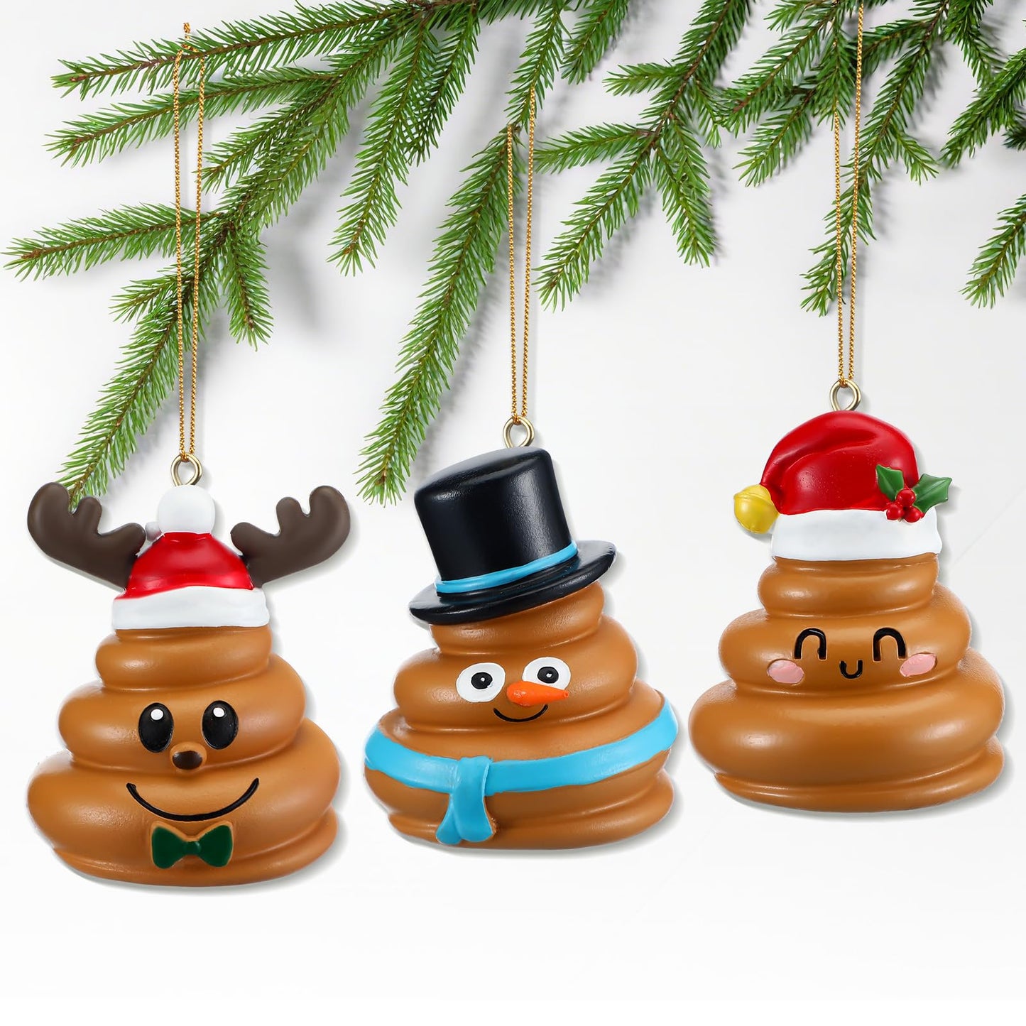 Burbell 3 Pcs Funny Christmas Ornaments for Tree Christmas Pooping Gag Gifts Resin Santa Hat Reindeer Snowman Hanging Ornaments Decor for Xmas Tree Naughty Holiday Party Favor, 3 Styles