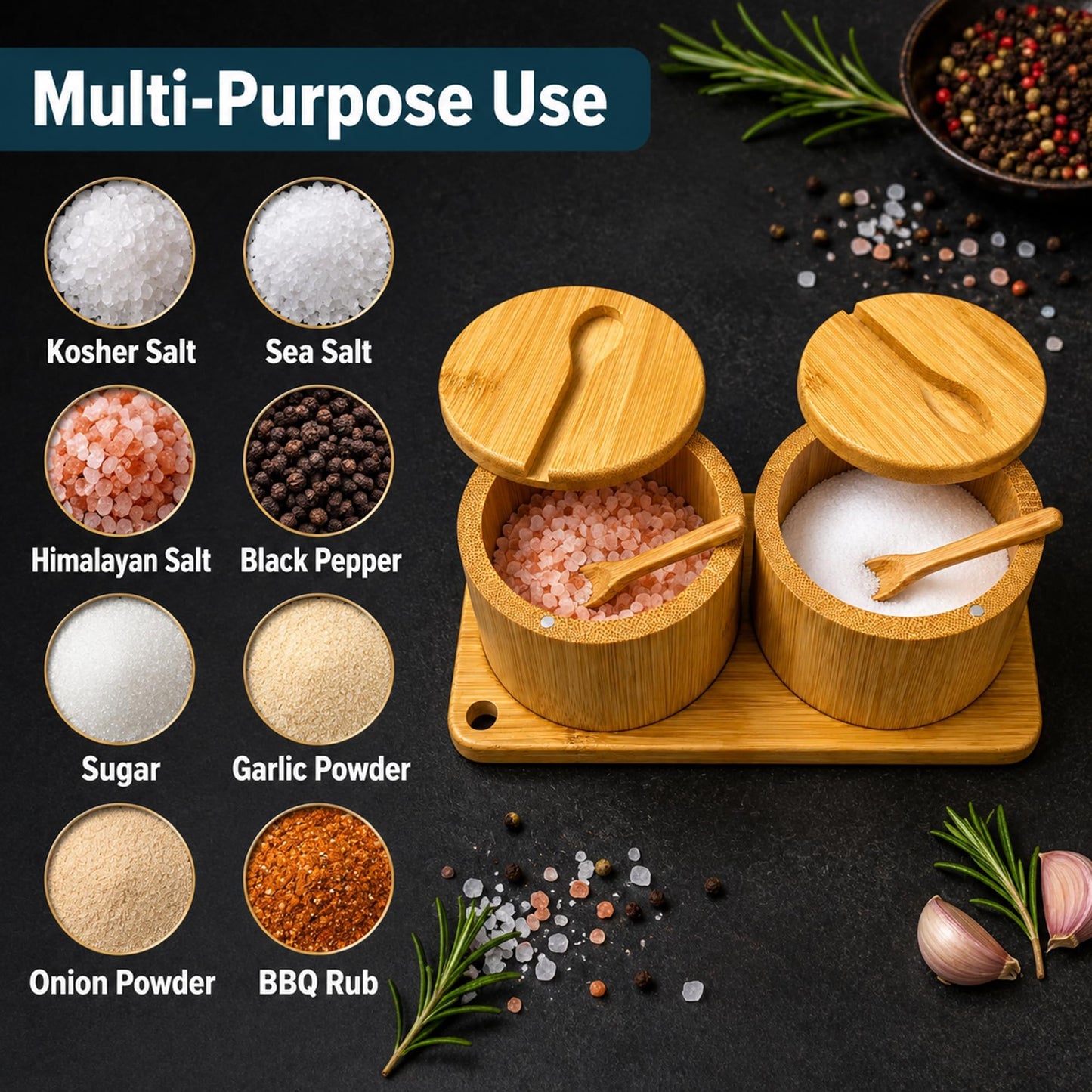 Bamboo Salt Cellar Set with Tray, 2 Salt and Pepper Cellar with Lids & Spoons, Magnetic Swivel Lid, 16 Labels, Spice Containers for Salt, Pepper, Sugar, Spices, Kitchen Countertop Organizer, 9 OZ Each