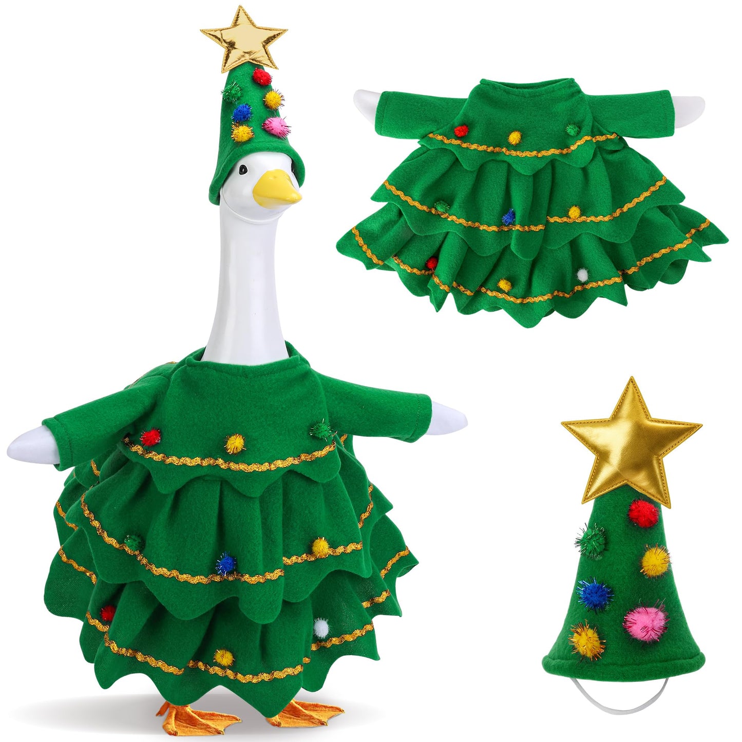 Watayo 2 Pcs/Set Christmas Tree Porch Goose Outfits, Lawn Goose Statue Xmas Tree Costume, Green Christmas Garden Goose Clothes Dress and Hat for 23" High Statue Xmas Holiday Patio Yard Decor