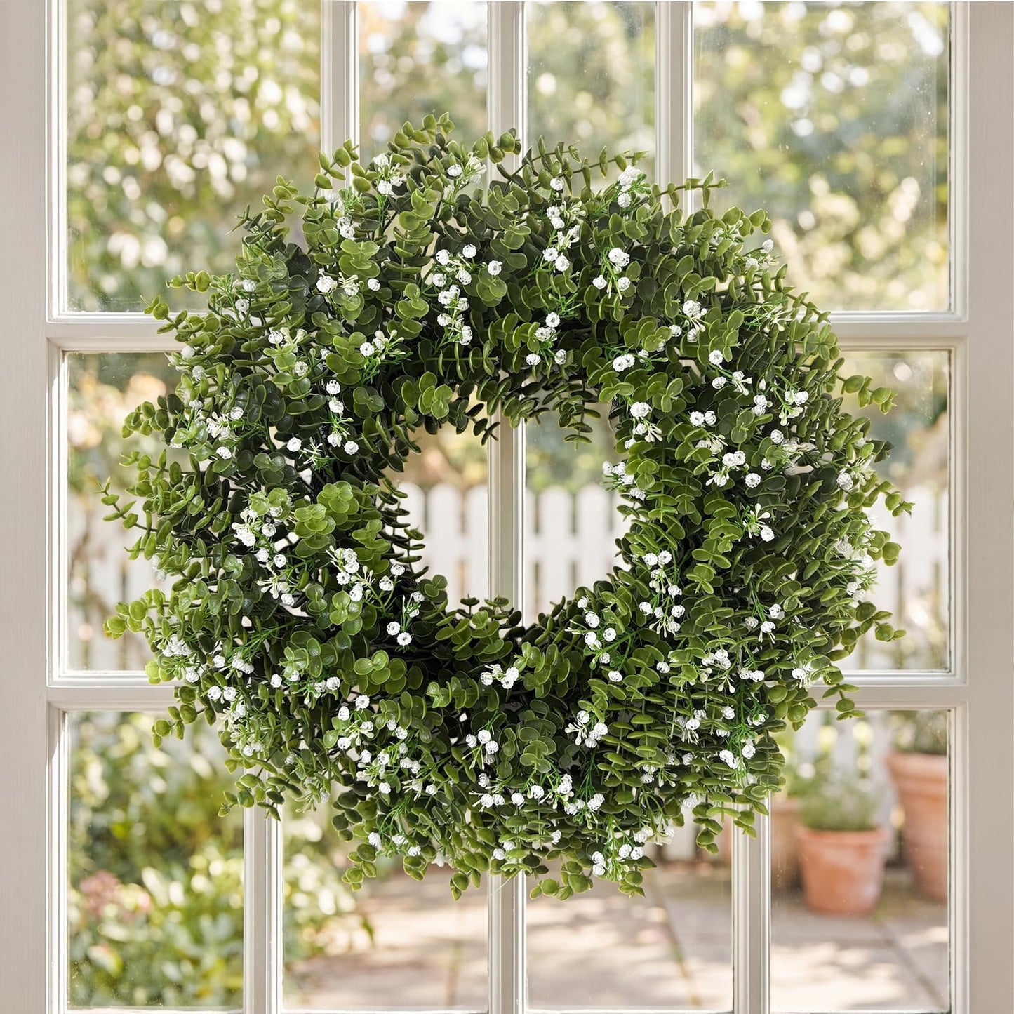 26" Large Eucalyptus Wreaths for Front Door,Spring Summer Fall Autumn Winter Wreaths,Eucalyptus Outdoor Wreath with Babys Breath for Porch, Wall,Home Decor- Spring Summer Fall Winter All Seasons