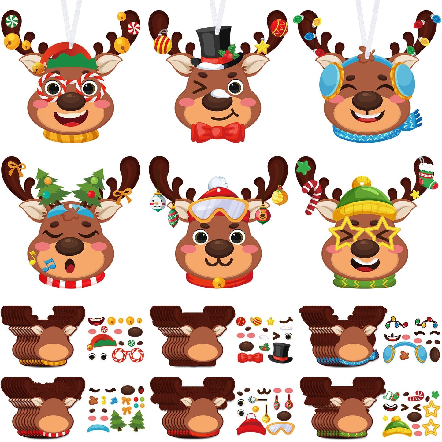 Pasimy 48 Pcs Christmas Crafts Kits for Kids Christmas Reindeer Ornament Crafts DIY Reindeer Ornament Kit Make Your Own Reindeer Craft Stickers for Holiday Xmas Classroom Party Favors