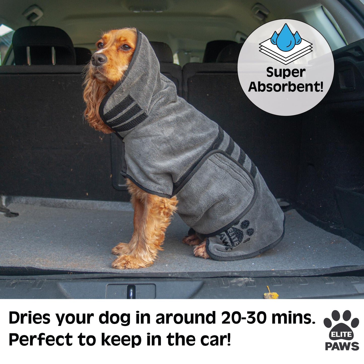 Elite Paws® UK: Luxury Dog Drying Coat, Thicker & Softer Than Most Bath Robes, Dries Pets in About 20-30 Mins, Super Absorbent Microfibre, Limits Mess, Covers Ears, All-Season Dressing Gown Towel, M