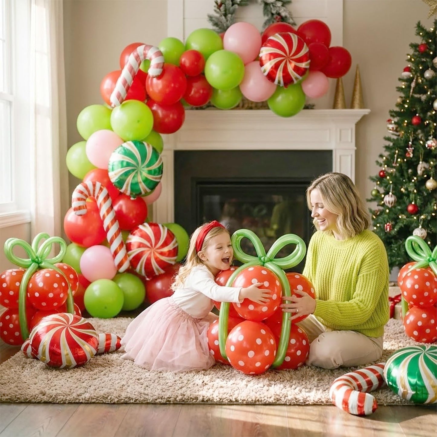 143 Pcs Christmas Balloons Garland Arch Kit with Xmas Red Pink Green Balloons Candy Cane & Swirl Foil Balloons for Holiday Party Decorations Xmas Backdrop Birthday Party Supplies