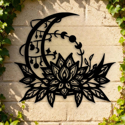 OPTYBVFD Moon Lotus Flower Metal Wall Decor - Moon Phase Room Decor Wall Art Home Decor for Living Room, Bedroom, Dining Room, Bathroom, Office (Black)