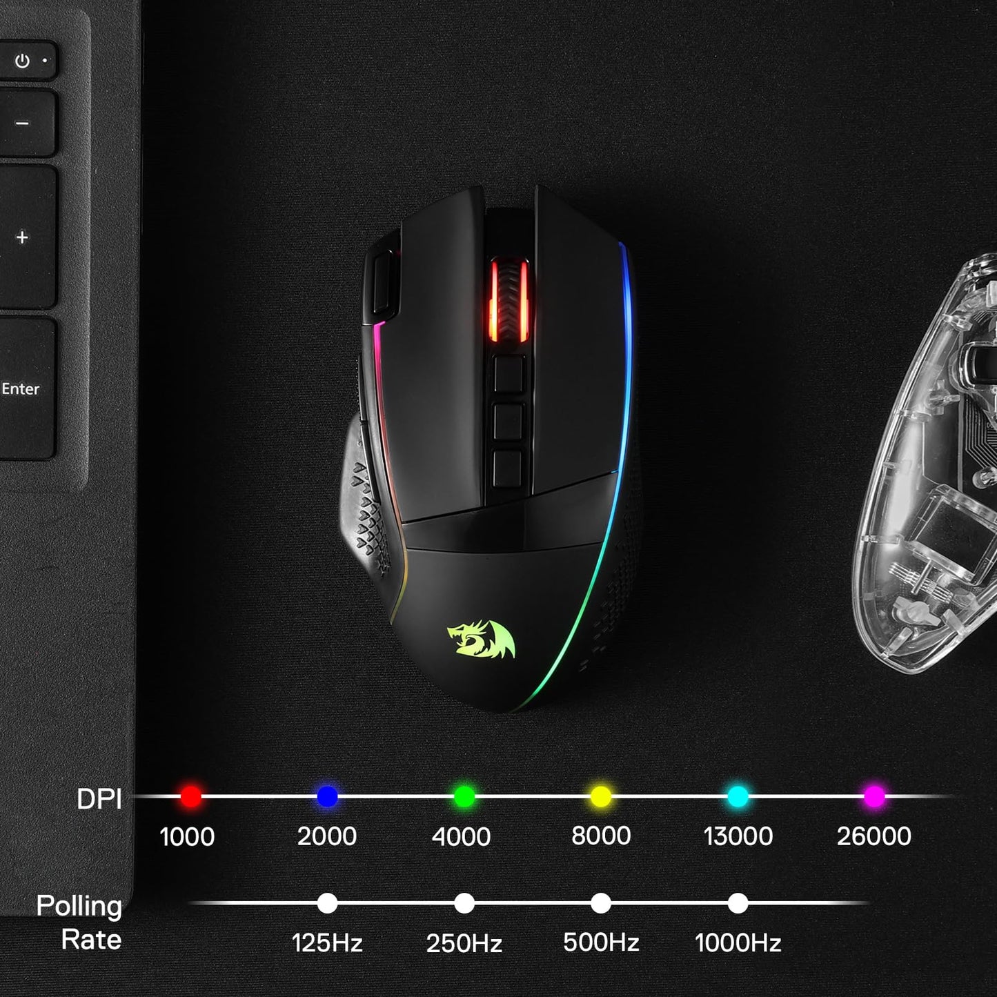 Redragon M810 Pro Wireless Gaming Mouse, 10000 DPI Wired/Wireless Gamer Mouse w/Rapid Fire Key, 8 Macro Buttons, 45-Hour Reliable Power Capacity and RGB Backlit for PC/Mac/Laptop
