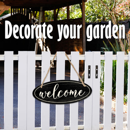 Welcome Sign - 4"X10“ Oval Wooden Hanging Sign With Sisal Ropes, Home & Office, Front Door Yard Sign, Indoor Outdoor Wall Decor & Accessories (Black & White) - B03