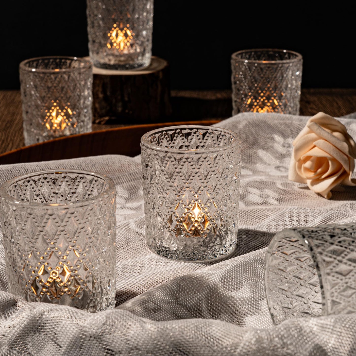 Romcanmy 12Pcs Votive Candle Holders, 2x2.5in Clear Glass Candle Holder with Embossed Diamond for Table Centerpieces, Elegant Small Crystal Tea Light Holders for Wedding Birthday Party Chirstmas Decor