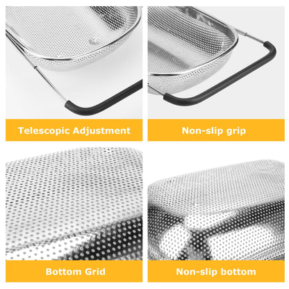 ZDRongZhen Kitchen Accessories Over the Sink Colander Strainer Basket，Stainless Steel Colander with Expandable Rubber Grip Sink Drainer-Rinse Vegetables Fruits &Strain&Drain (Large-Dense round hole)