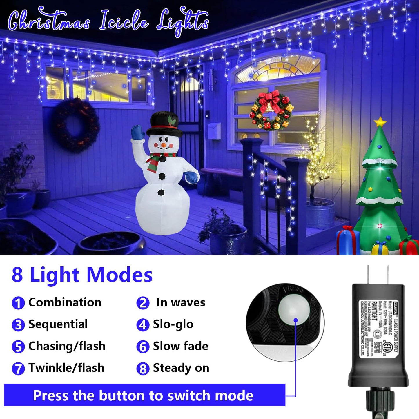 QITONG Blue and White Icicle Lights for Outside, 33ft 400 LED String Light Indoor Plug in, 8 Modes Connectable Icicle Christmas Light Clear Wire