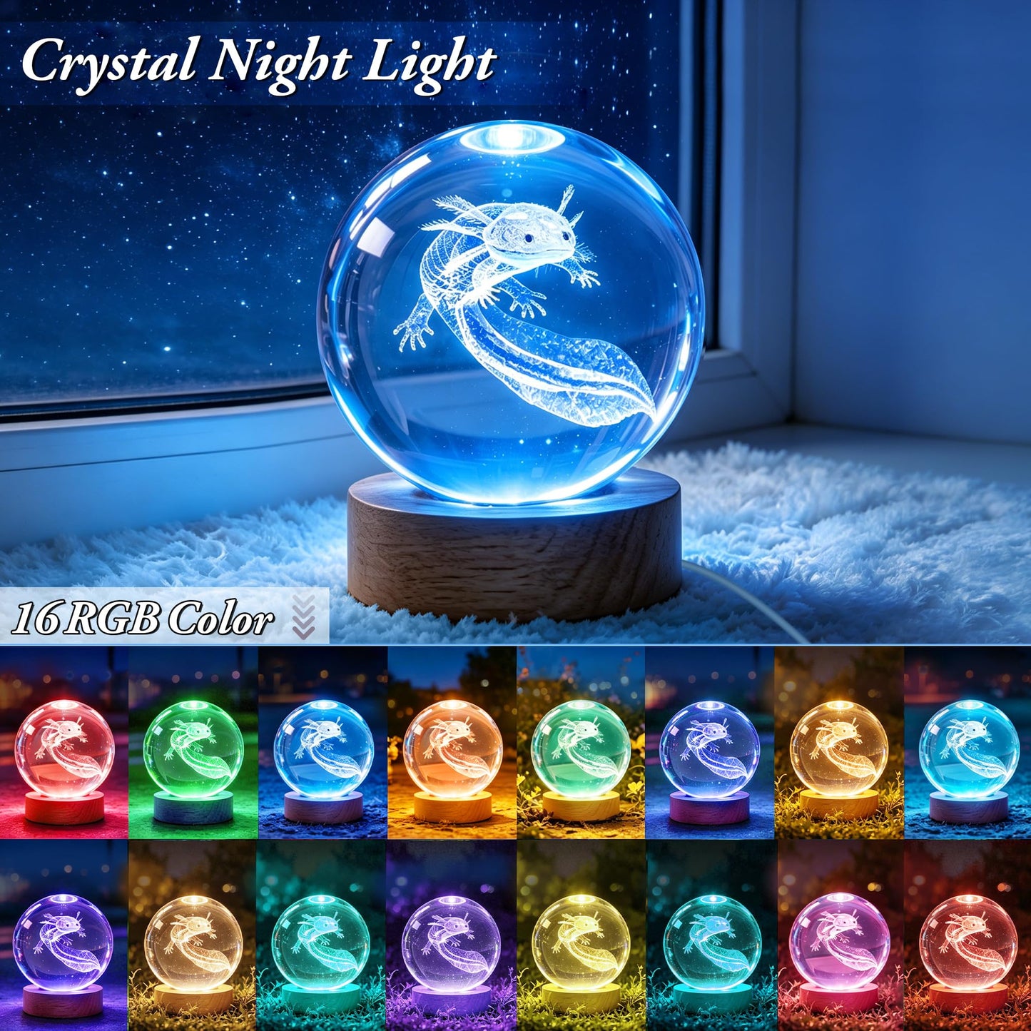 Ddlisu Axolotl Night Light, 3.15 inch 3D K9 Crystal Ball Lamp, 16 Colors Change, Wooden Base, Axolotl Lamp with Remote Control, Birthday Holiday Gifts for Boys Girls Friends