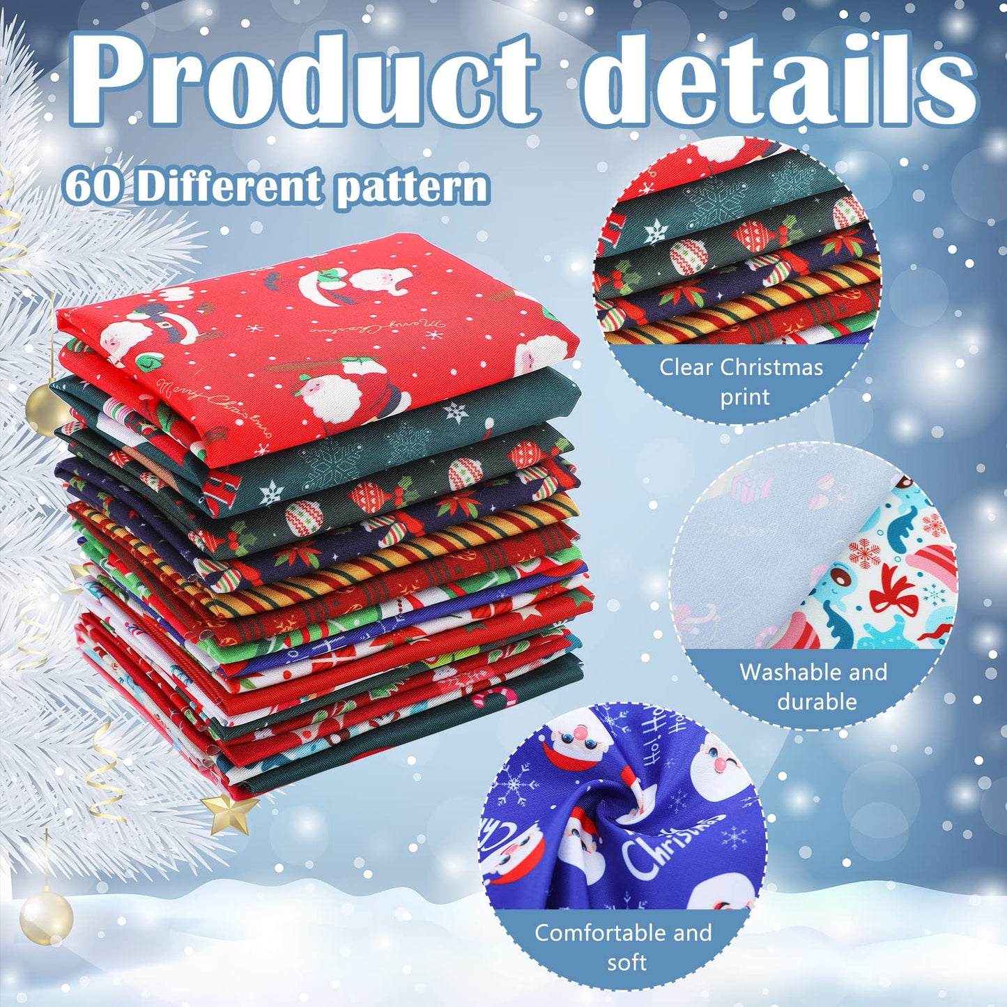 Tudomro 60 Pieces Christmas Fabric Squares 10 x 10 Inch Christmas Sewing Quilting Material Bundles Holiday Santa Tree Claus Elk Snowflake Printing Fabric for Patchwork Sewing DIY Party