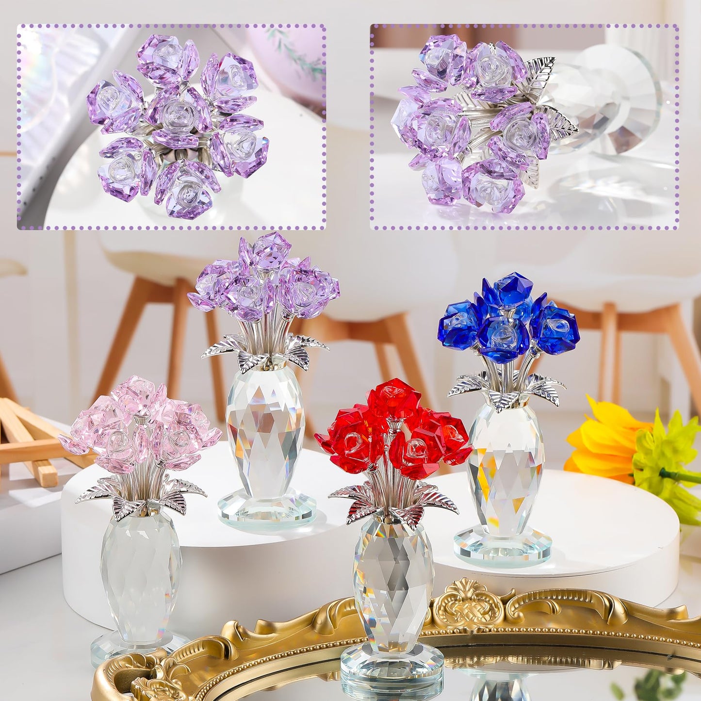 Arikyrist Crystal Purple Rose Flower Gifts for Women Collectible Glass Roses Bouquet Romantic Crystal Rose Figurines for Adults on Birthday Wedding Christmas