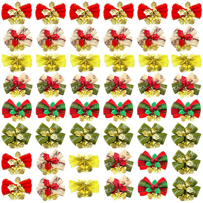 Yxtwaeh 48 Pcs Christmas Mini Bows with Bells 2 Inch Christmas Tree Ribbon Bows with Bell Hanging Decorations for Tree Wreaths Gift Wrapping, 6 Styles