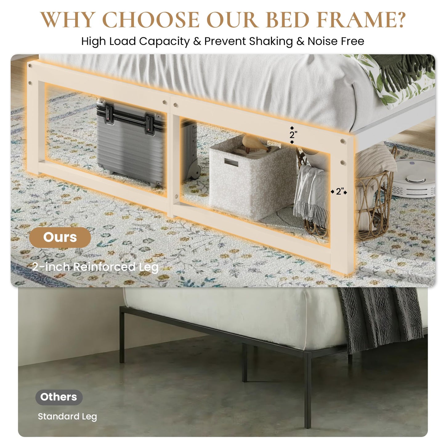 SHA CERLIN 14 Inch Heavy Duty Queen Bed Frame, 4000 lbs Capacity Metal Platform Beds with Reinforced Legs,No Box Spring Required,Easy Assembly,White