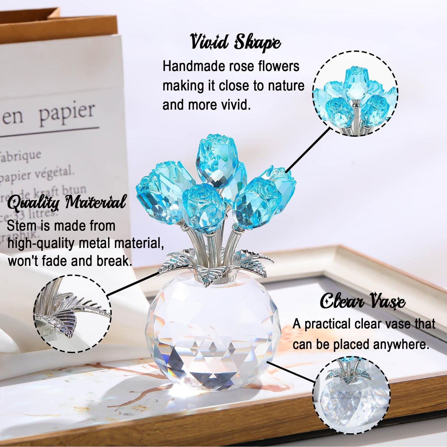Arikyrist Crystal Lake Blue Rose Bouquet Figurine with Round Vase Gifts for Her, Glass Rose Flower Romantic Keepsakes for Women Mom on Christmas, Collectible Decoration Table Centerpiece for Home