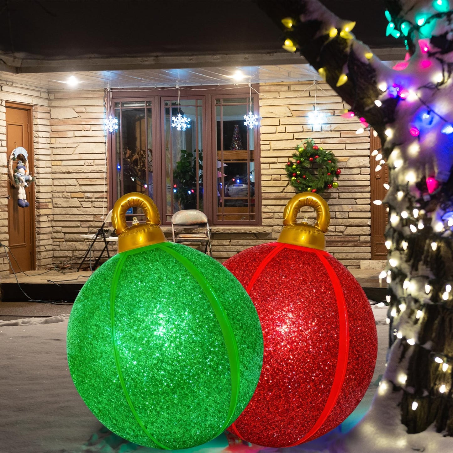 2 Pack 24 Inch Inflatable Christmas Balls, Giant Inflatable Ornaments Outdoor, Extra Large Outdoor Christmas Ornaments for Lawn, Porch, and Front Door (Red & Green)