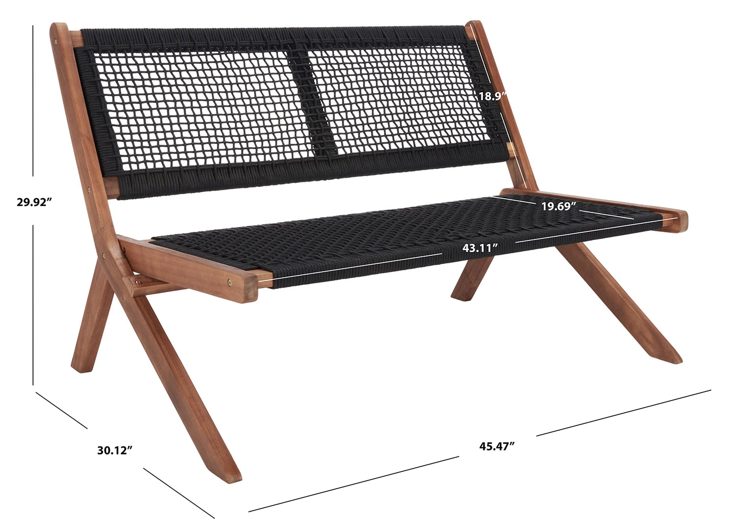 SAFAVIEH Outdoor - Kobina Folding Bench - Natural & Black - Solid Wood and Rope - Modern Sculpted Folding Design - Ideal for Patio, Deck, Porch, Backyard, 13.8" Seat Height (PAT7304E)