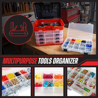 Small Parts Organizer Box - 11-Inch Portable Storage Case with 4 Removable Multi-Compartment Trays for Screws, Beads, Small Fishing Tackle, Hardware, and Craft Supplies by Stalwart (Red)