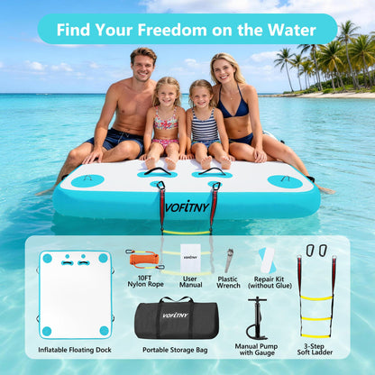 VOFiTNY Inflatable Floating Dock Air Platform Multi-Person Swim Water Mat with Rope Ladder, None-Slip Surface for Lake Beach (12ft x 6ft x 6in, Cyan)