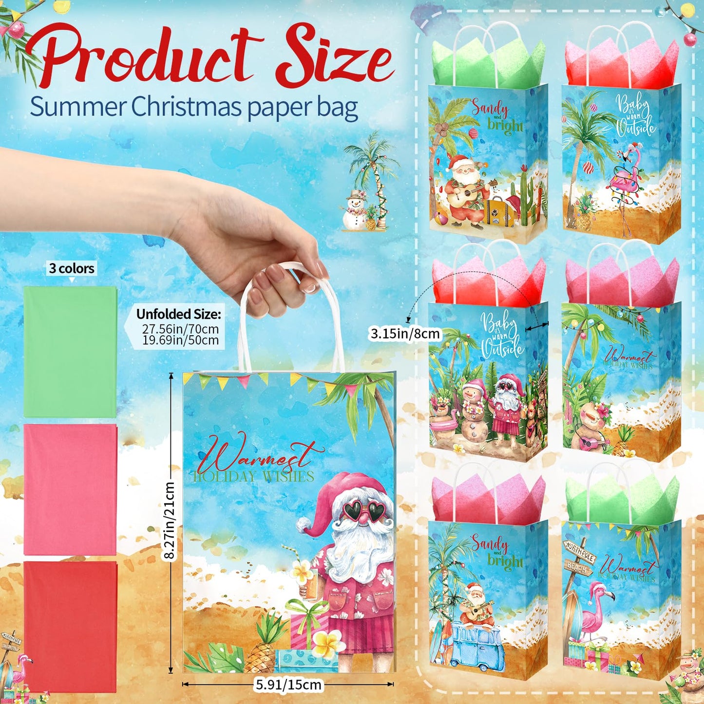 Sinload 24 Sets Summer Christmas Party Gift Bags with Tissue Paper Xmas in July Santa Tropical Goodie Bags with Handle Christmas Treat Tote Hawaiian Flamingo for Beach Pool Birthday Party Decoration