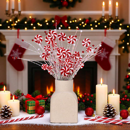 Suncalla 6 Pcs Candy Cane Christmas Tree Picks Red White Artificial Decoration Flower Vase Filler Ornament Christmas Tree Picks for Table Centerpiece DIY Home Wreath Decor