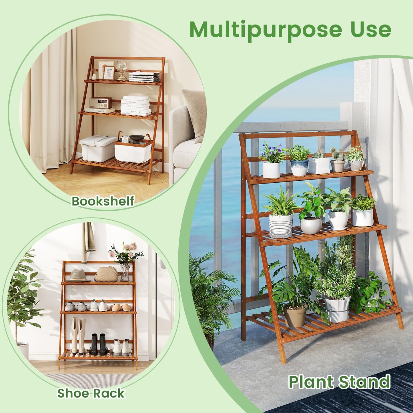 DREAMADE Plant Stand, 3 Tier Bamboo Ladder Plant Stand with Foldable Design, Anti-falling Crossbar, Freestanding Plant Shelf for Indoor Outdoor, Living Room Balcony Patio Garden