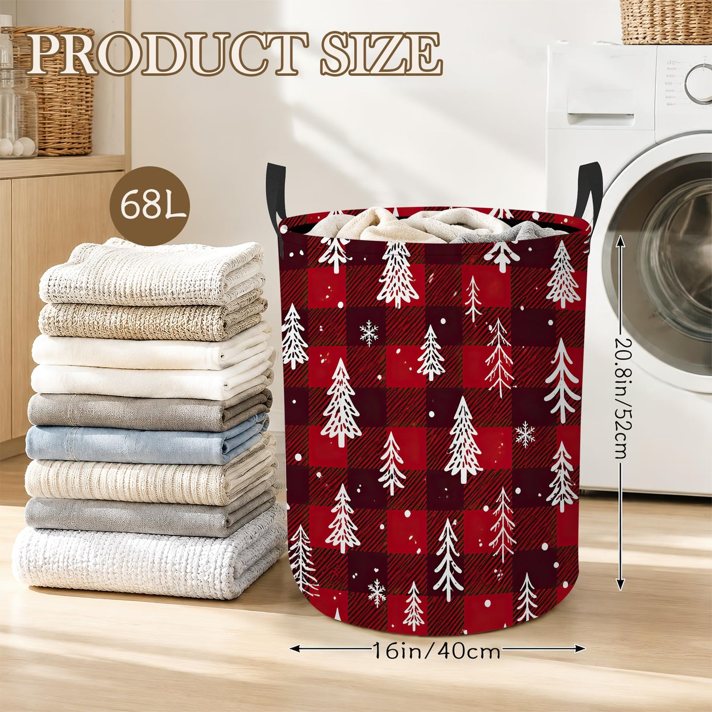 Christmas Tree Laundry Basket, Foldable Oxford Cloth Snowflake Plaid Laundry Hamper with Handles, Tote Bag Clothes Storage Bucket for Laundry Room/Bathroom/Bedroom/Dormitories 20.8"x16"