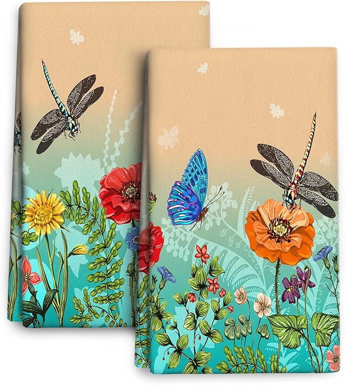 Dragonfly Floral Kitchen Towel Decorative Set of 2 Soft Absorbent Hand Towels
