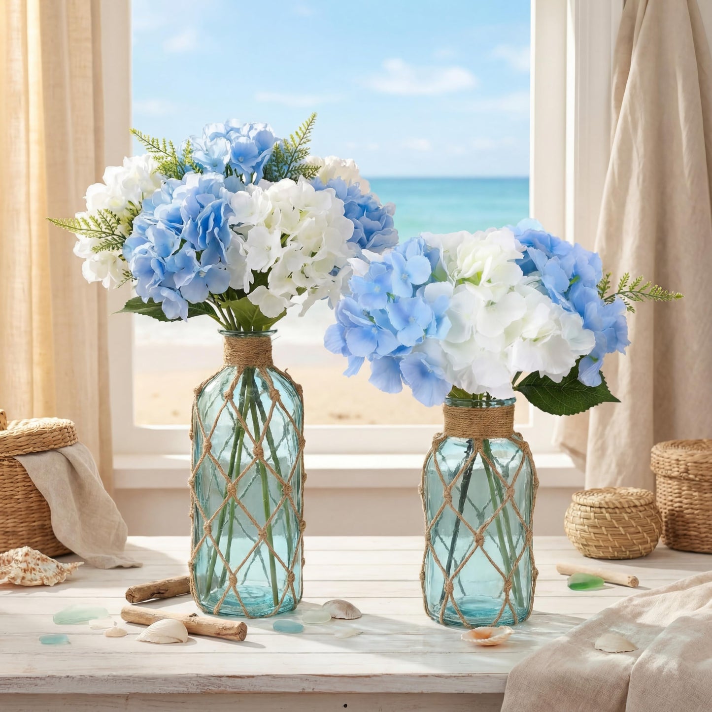 Chuangdi Set of 2 Coastal Glass Vases for Flowers TSITP Flower Vase with Boho Rope Small Sea Glass Jar Nautical Beach Bottle for Wedding Table Centerpieces Floral Arrangement Decor(Light Blue)