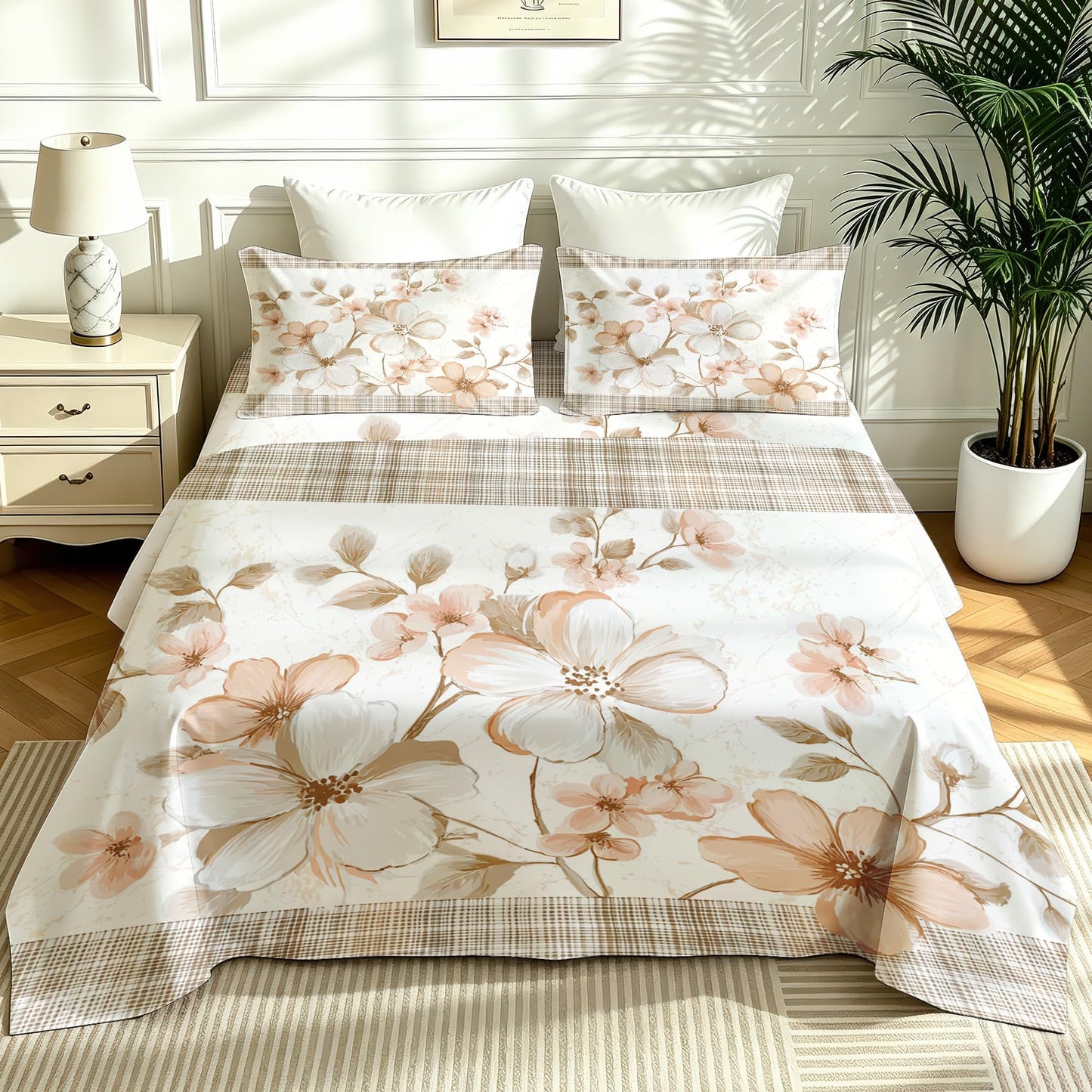 Plaid and Floral Queen Sheet Set Farmhouse Flat Fitted Sheet Sets