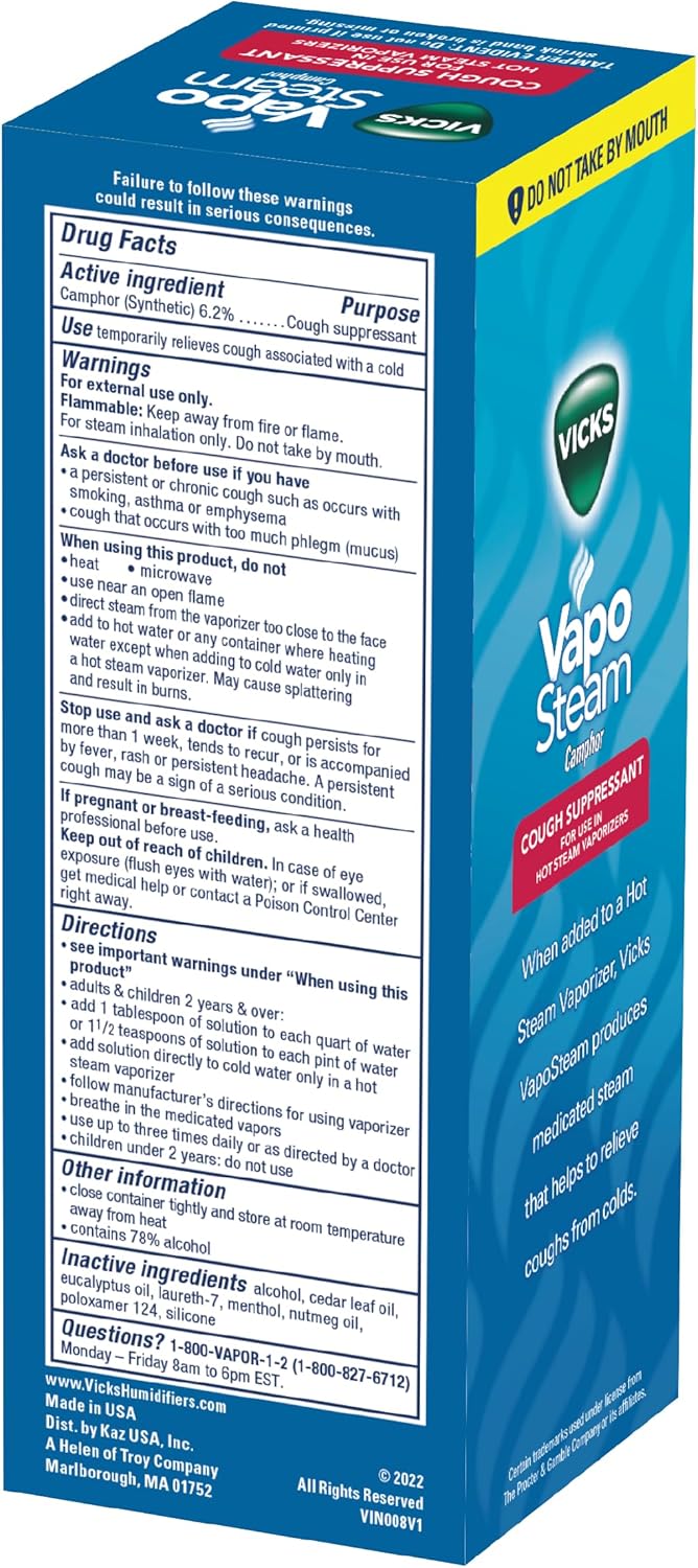 Vicks VapoSteam Medicated Liquid with Camphor, a Cough Suppressant, Helps Relieve Coughing, for Use in Vicks Vaporizers and Humidifiers, 8 Oz