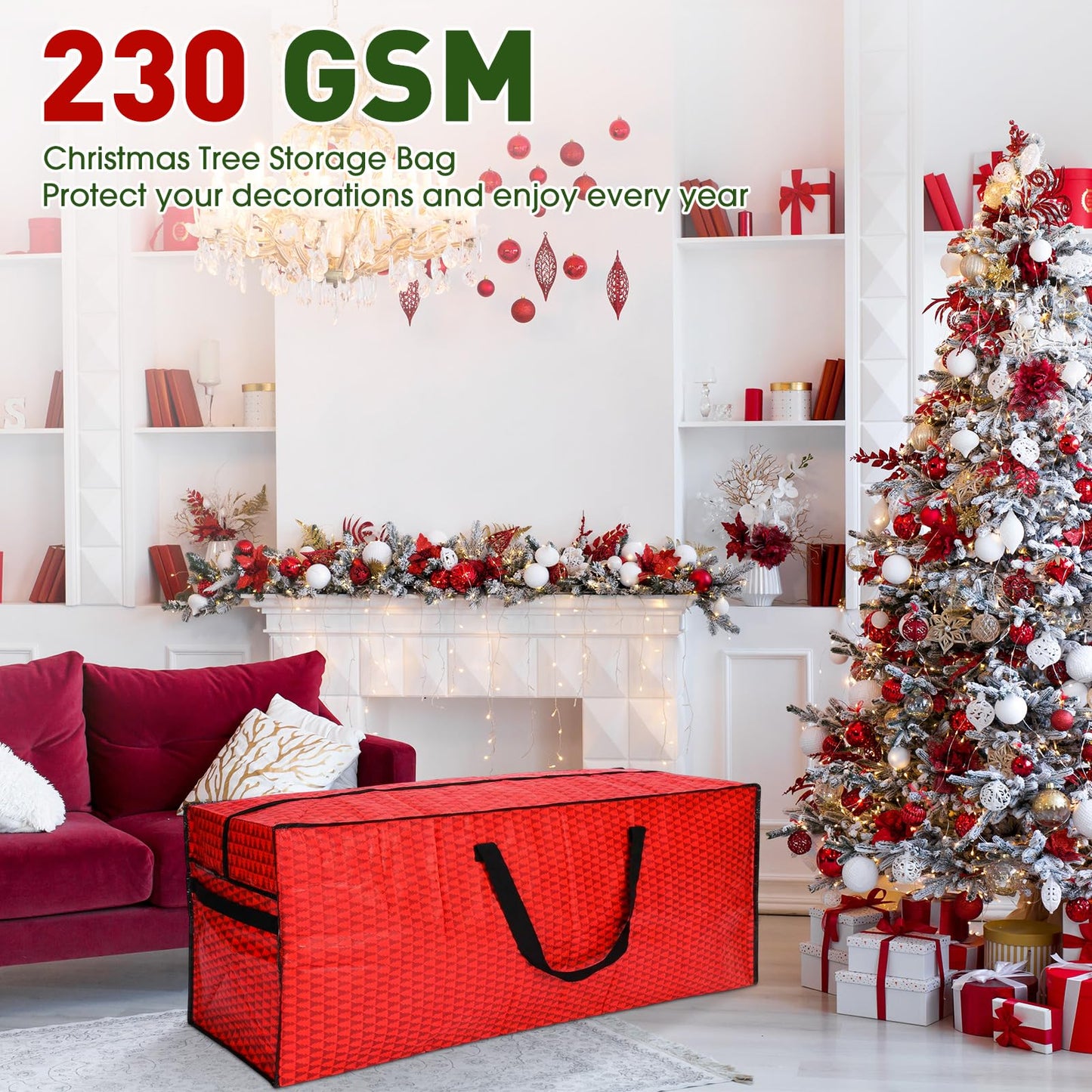 Simgoing 5 Pack Christmas Storage Bags Red, 7.5 ft Christmas Tree Large Bag, 24" Wreath Containers and 25" Garland Packing Tote Moving Bags with Handle Zipper for Artificial Xmas Tree Wreath Garland