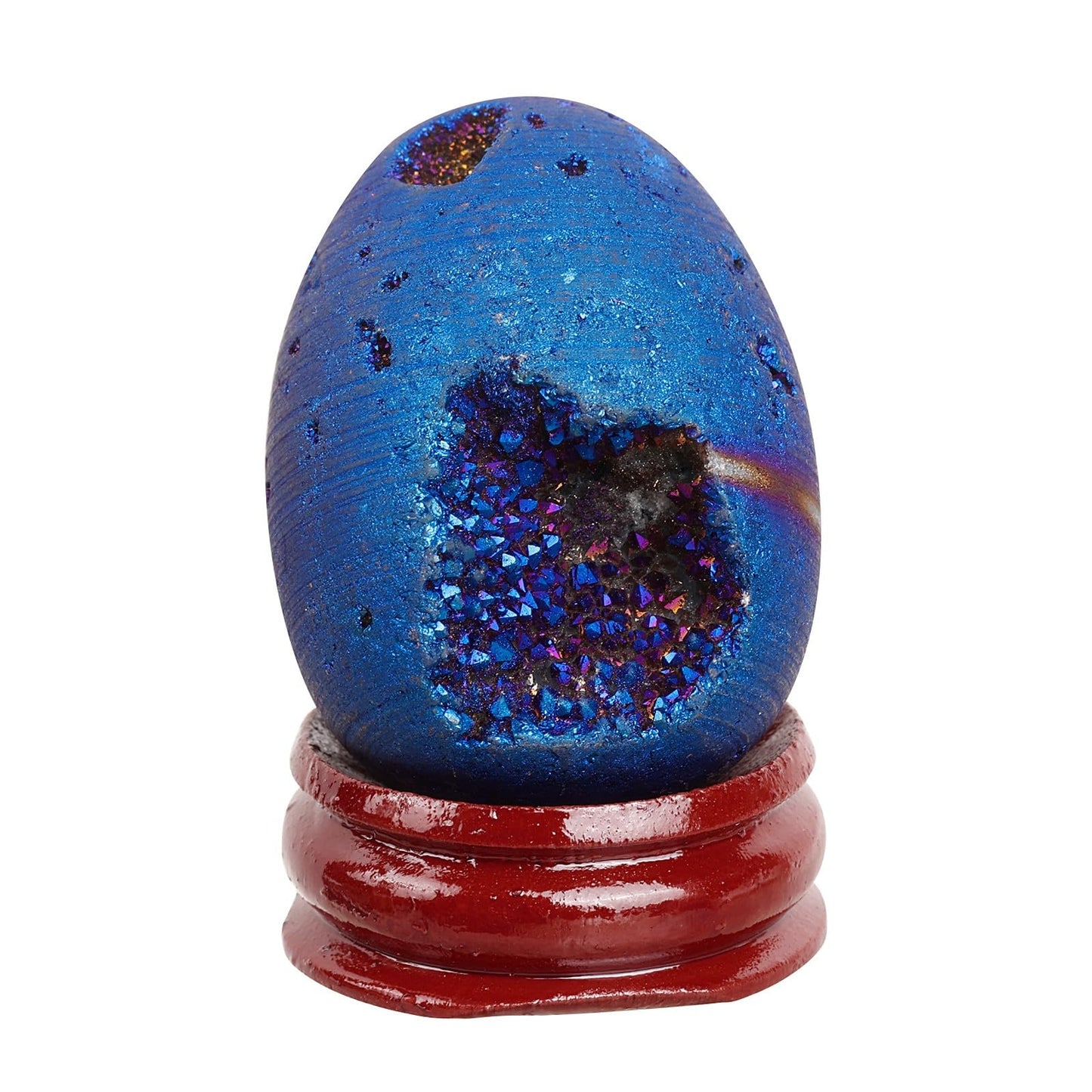dssmboom Titanium Coated Druzy Agate Crystal Egg Specimen with Wooden Base, Healing Stone Egg Shape Geode Figurine for Home Decoration, Deep Blue
