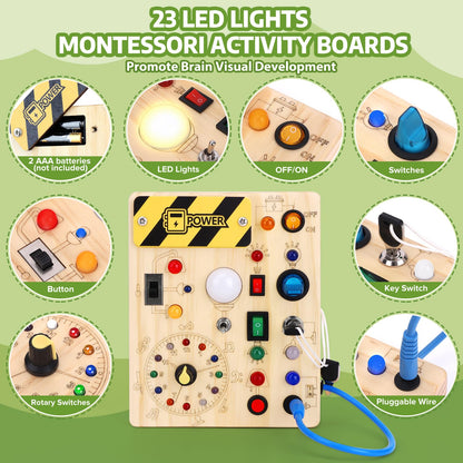 Konijiwa Toddler Toys Montessori Busy Board Toys for 1 2 3 Year old Boys Girls Wooden ToyS with With 10 Switches and 23 LED Lights Switch toy Sensory Learning Toys 1 2 Year old Baby Girls Boys Gifts