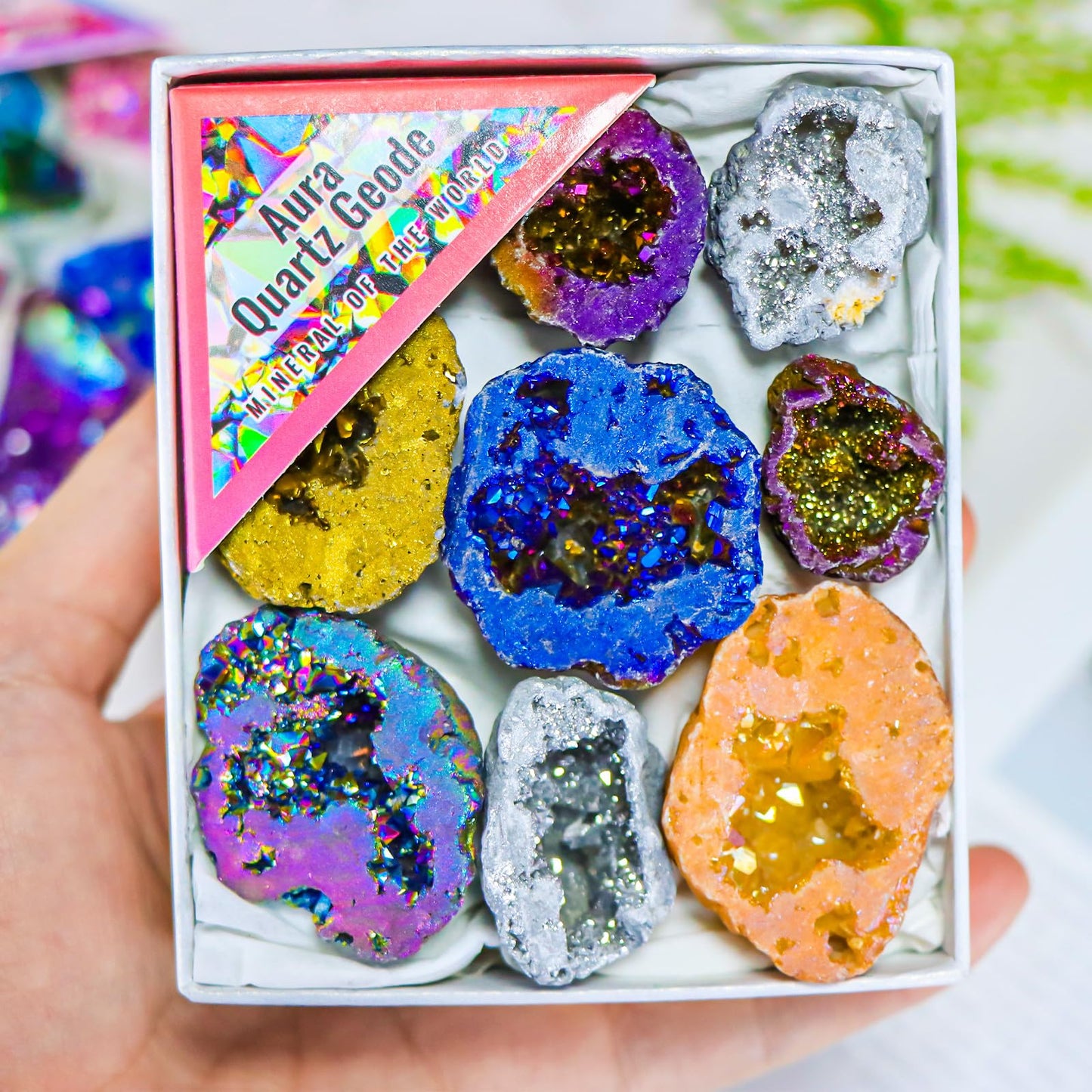 Titanium Coated Quartz Crystal Cluster Geode Druzy Stones Gemstones and Crystals Aura Collection Spiritual Reiki Gifts for Women Adults Meditation Paperweight Home Decor,9pcs in Box